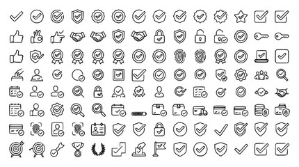 Fototapeta premium Mega Business Verification and Trust Security Line Icon Bundle Featuring Quality Checkmarks, Protection Shields, Certified Badges, Account Login Security, and Corporate Compliance Vector Designs