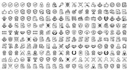 Fototapeta premium Mega Business Compliance Security and Quality Assurance Line Icon Bundle Featuring Guarantee Badges, Shield Protection, Cyber Data Biometrics, and Corporate Checkmark Verification Vector Designs