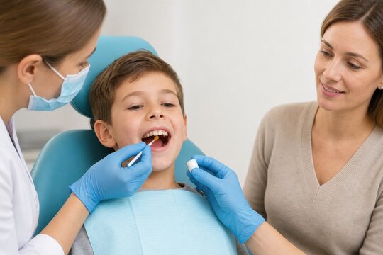 Dentist applying fluoride varnish to boy's teeth