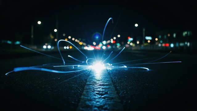 Abstract blue light trails emanating from a bright central point on a wet dark asphalt road at night with blurred city lights.