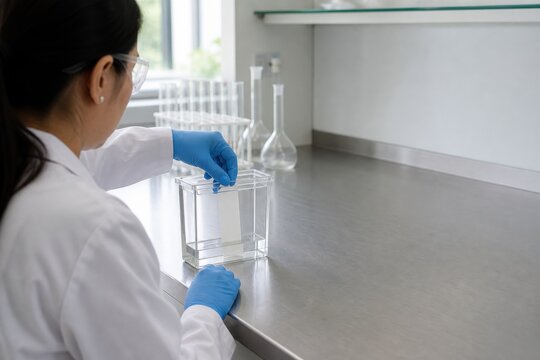 Scientist placing TLC plate in chromatography developing chamber
