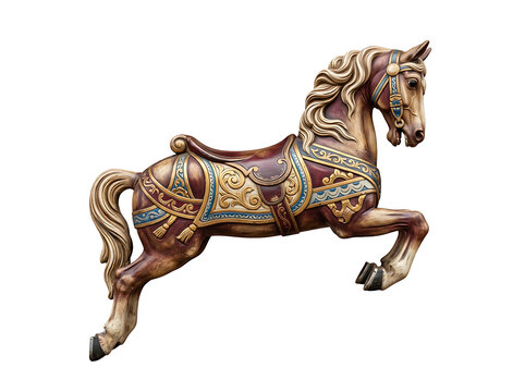 Vintage carousel horse intricately carved with detailed saddle, ornate bridle, flowing mane, and tail isolated on transparent background