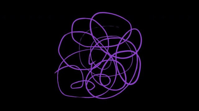 Abstract Glowing Purple Neon Scribble Animation on Black Background.