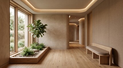Fototapeta premium Modern Minimalist Interior Design with Indoor Planter and Bench