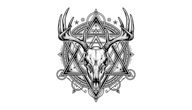 Intricate occult vector illustration featuring a deer skull with large antlers and sacred geometry symbols