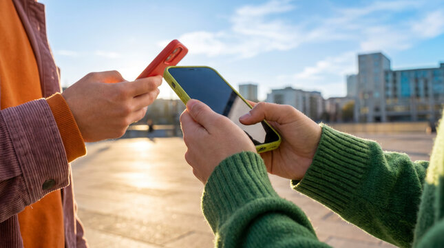 Close up of friends comparing smartphone screens on sunlit city plaza at dusk
