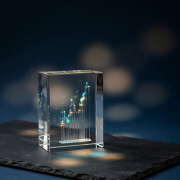Futuristic glass cube with glowing fiber optics, crystal block with digital light data, glowing tech sculpture on stone base