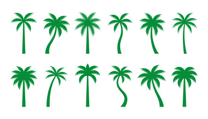Naklejka premium Set of twelve green silhouette tropical palm trees with various trunk shapes vector illustration