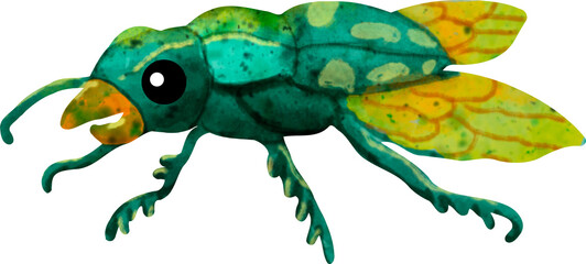 Naklejka premium Cute Tiger Beetle Watercolor Clip Art