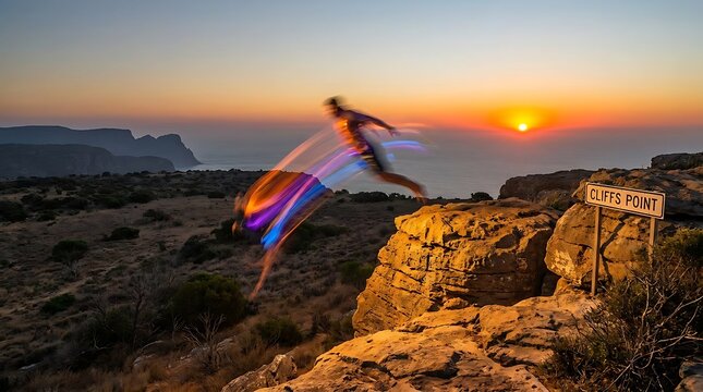Blurred man jumping off golden cliff at sunset with vibrant light trails over coastal landscape symbolizing achievement