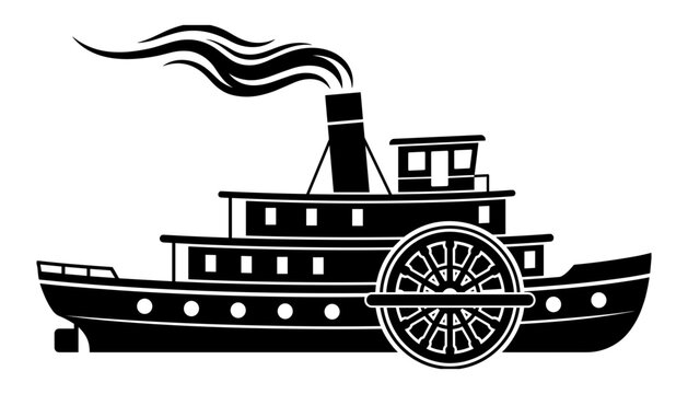 Black silhouette of a paddle steamer ship with a smoking smokestack vector illustration