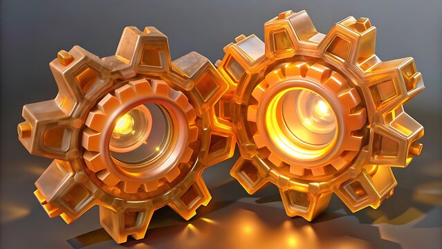 Two glowing golden metallic gears interlocking and rotating together in a mechanical setup