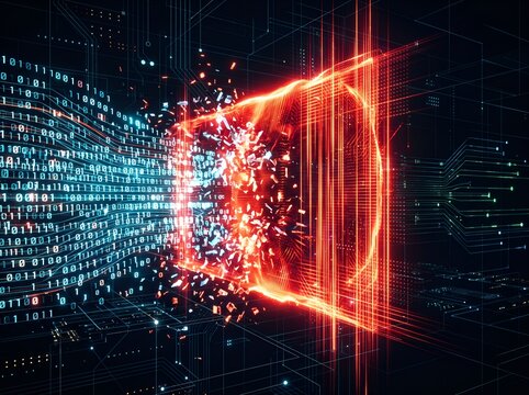 Abstract glowing wall with disintegrating binary code pattern digital illustration
