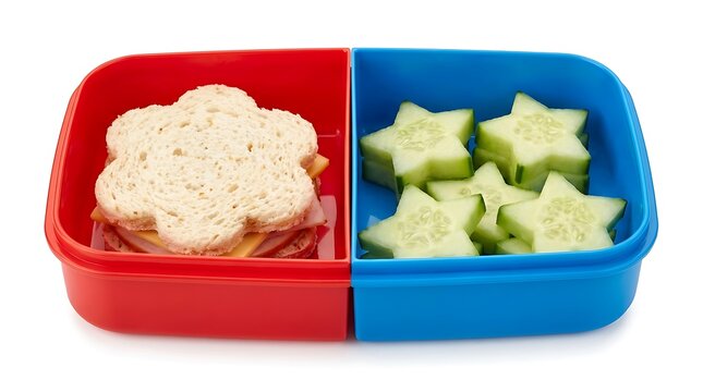 Creative flower shaped sandwich and star cucumber slices in red and blue plastic bento box for healthy school kid lunch