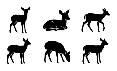 Obraz premium Set of Six Black Deer Silhouettes, Wildlife Fauna Poses, Forest Animal Vector Icons, Nature Graphic Elements