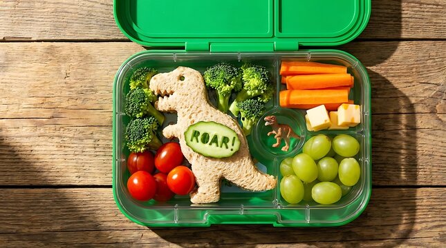 Green bento lunch box featuring dinosaur shaped sandwich with broccoli and grapes on wooden table for kids school meal