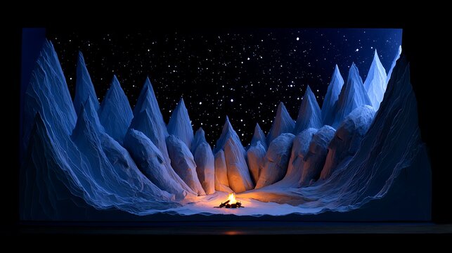 37. A masterclass 3D papercut diorama. A mountain range that morphs into a row of sleeping stone giants under a blanket of stars, a tiny campfire glowing at the base. Grand environmental storytelling,