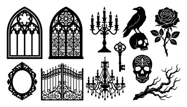 Gothic icon set black silhouette arched window candelabra raven rose mirror gate chandelier skull key branch for halloween horror dark fantasy design collection