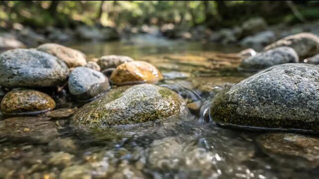 Clear Fresh Water Flowing Gently Over Mossy Rocks in a Peaceful Forest Stream on a Sunny Day