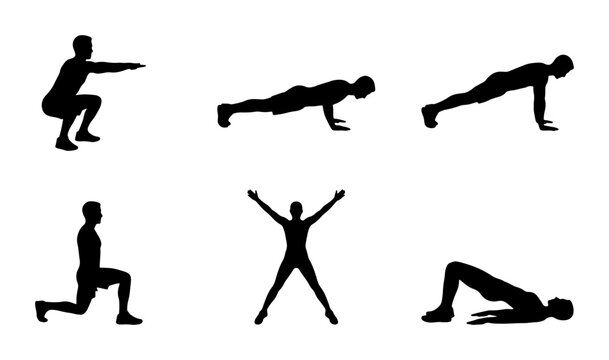 Fitness Exercise Silhouettes: 6 Workout Poses, Bodybuilding, Health, Sports Training Icons