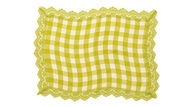 Green gingham checkered napkin with lace border isolated on transparent background