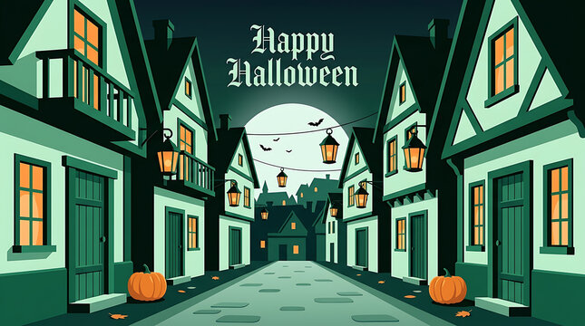 Halloween village street with glowing lanterns and pumpkins