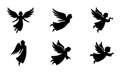 Fototapeta premium Angel Silhouettes Collection, Heavenly Figures, Spiritual Beings, Vector Icons Set