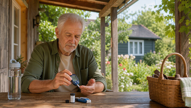 Senior man checking diabetes levels outside with glucometer and insulin, showcasing healthy lifestyle and nutrition while managing diabetes in beautiful garden setting.