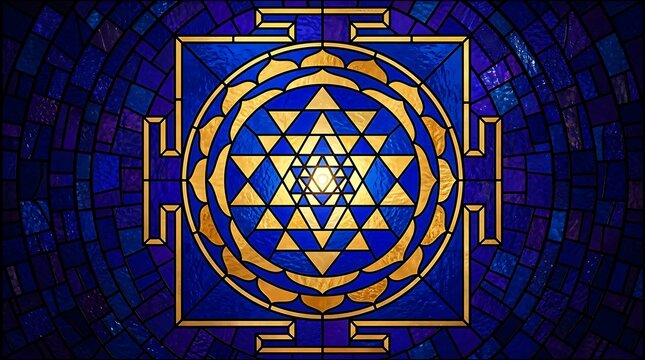 Intricate golden Sri Yantra mandala on deep blue mosaic background with spiritual energy