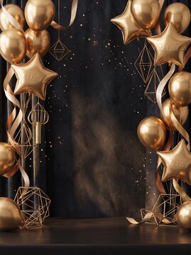 Elegant Gold Balloons and Stars Frame on Black Background for Celebration