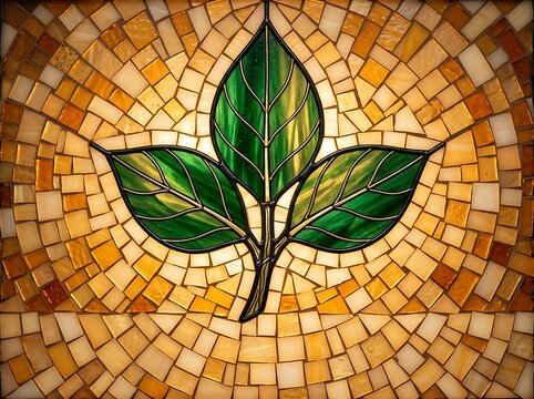 Colorful mosaic art of green leaves on golden background