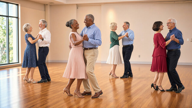 Joyful dance class for elderly people with couples enjoying their time together in a bright studio. Seniors dancing together create a lively atmosphere filled with laughter and joy.