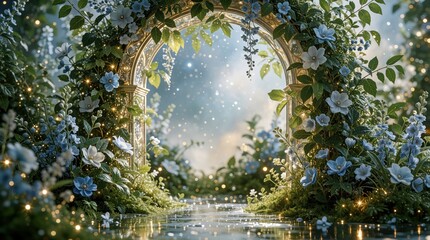 Fototapeta premium Golden archway framing rich garden with blue flowers, green leaves, and sparkling bokeh lights. Reflective water surface adds magical ambiance. Dreamy scene, natural beauty, fantasy portal.