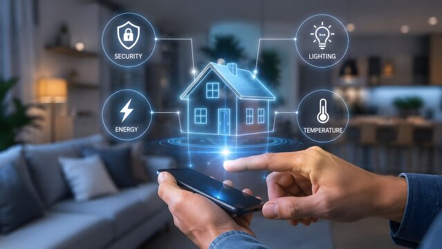 Person using a smartphone to control smart home automation features with holographic interface in modern living room