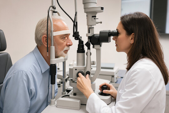 Eye examination with doctor and patient during checkup in clinic. Eye care includes thorough assessment using specialized equipment to monitor health. Concept eye examination for elderly patients.