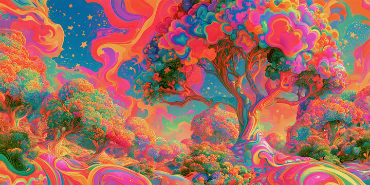 The Tree That Glows In Psychedelic Color As Neon Branches Rise Through A Dreaming Cosmic Sky, ai generated.