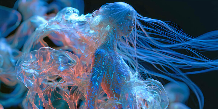 The Figure That Moves In Living Light As Color Trails Rise And Dance Through A Dark Endless Space, ai generated.