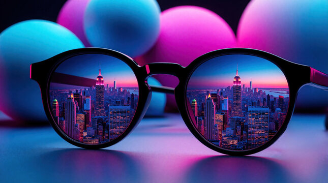 Black round spectacles showcase neon-lit nighttime skyline in clear lenses. Cityscape with glowing highrises, reflections under dark blue atmosphere. Transparent accessories present pink, cyan