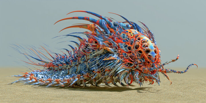 The Creature That Unfolds In Vivid Spines As Biomechanical Color Twists Through An Otherworldly Form,  ai generated.