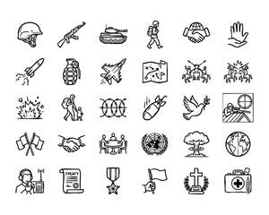 Fototapeta premium Military war and peace vector line icon set collection with military, collection