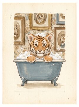 Cute Tiger Cub in Bathtub Watercolor Illustration