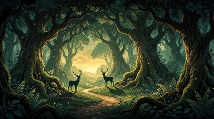 Fototapeta premium Two deer stand in a magical enchanted forest at dawn. Ancient mossy trees form archways over a path leading to a glowing horizon. Small lights sparkle in the air.