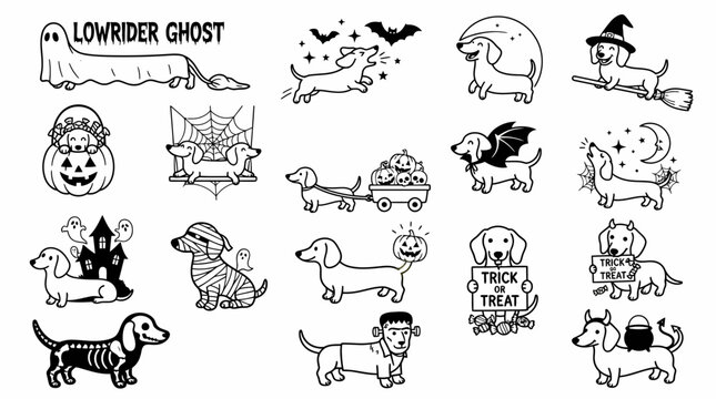 Lowrider ghost, adorable dachshund dogs collection, halloween vector graphics set, cute cartoon hot dog illustrations, black and white spooky dogs clip art with spooky bats