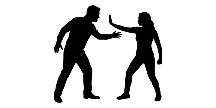 Silhouette of a man approaching a woman who is defensively holding up her hand to stop him