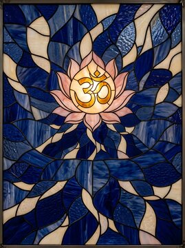 Vibrant stained glass lotus flower with om symbol in deep blue and pink tones