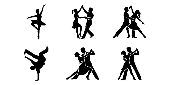 Black silhouette collection of ballroom dancers, ballet dancer, and breakdancer tango