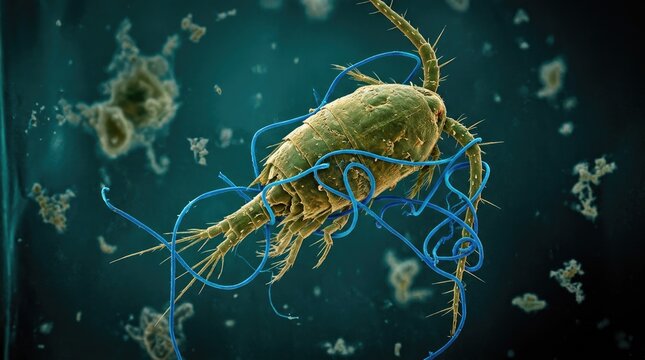 Microscopic copepod creature, ensnared by hazardous blue plastic filament, visualizing the global dangers of plastic contamination, an ecological peril to aquatic organisms.