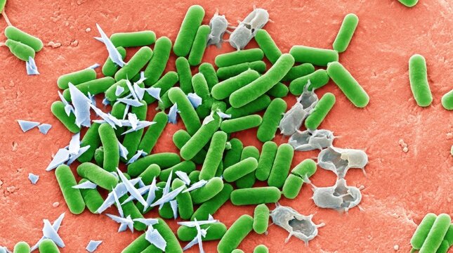 Bacterium exhibiting close proximity to sharp microplastic fragment, showing cellular damage potential, indicating environmental pollution hazard and danger of plastic waste.