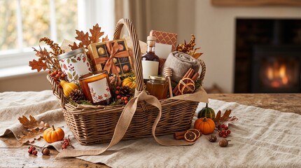 Obraz premium Autumn Harvest Gift Basket: A beautifully arranged wicker basket brimming with seasonal delights, including candles, cookies, mugs, and autumn foliage, evokes the cozy spirit of fall.