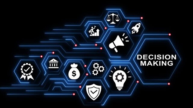 Decision making concept with digital business and glowing network connections on black background, business strategy